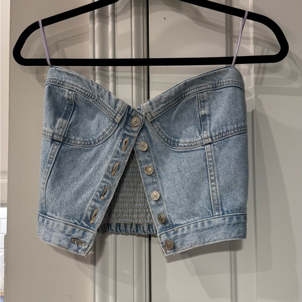 Light Blue Denim Button-Up Crop Top